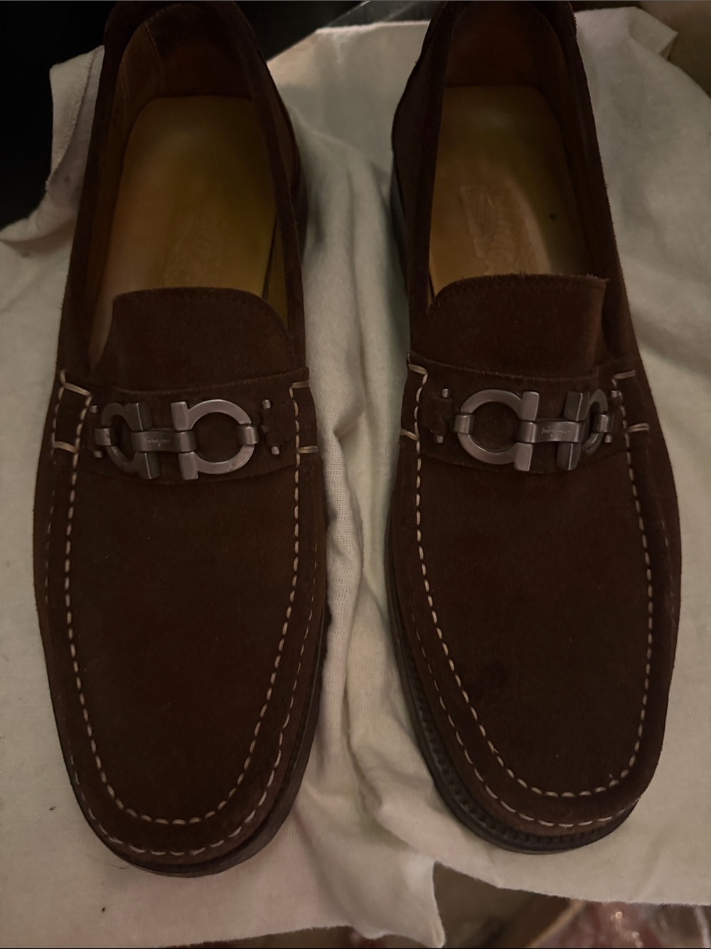Salvatore Ferragamo Dark Brown Suede “Elefante” Bit Loafers - stitched on top